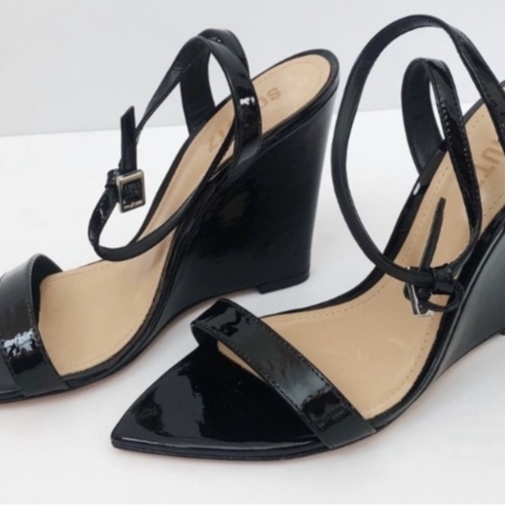 SCHUTZ Strappy Black Patent Wedge Shoes